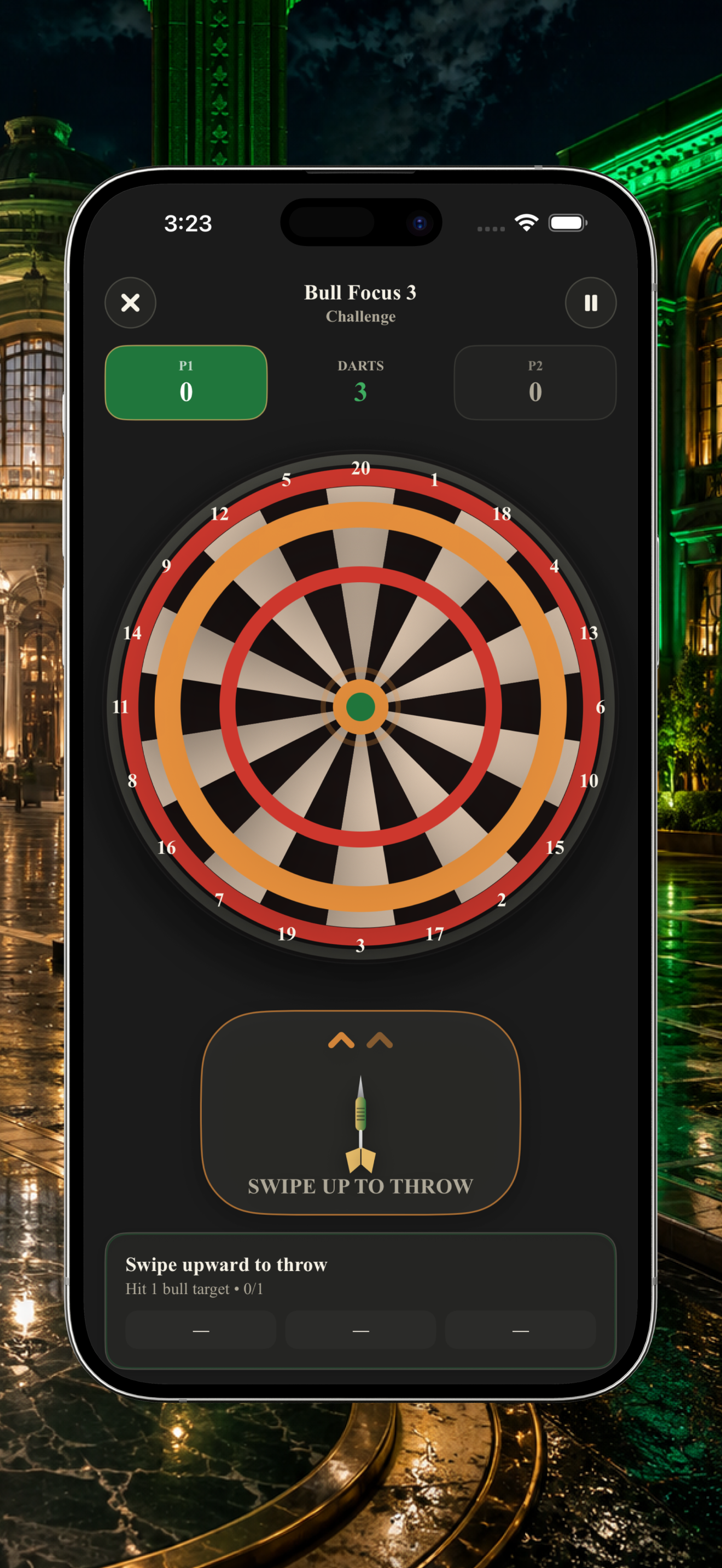 Bull Focus challenge with a classic cream-and-red dartboard