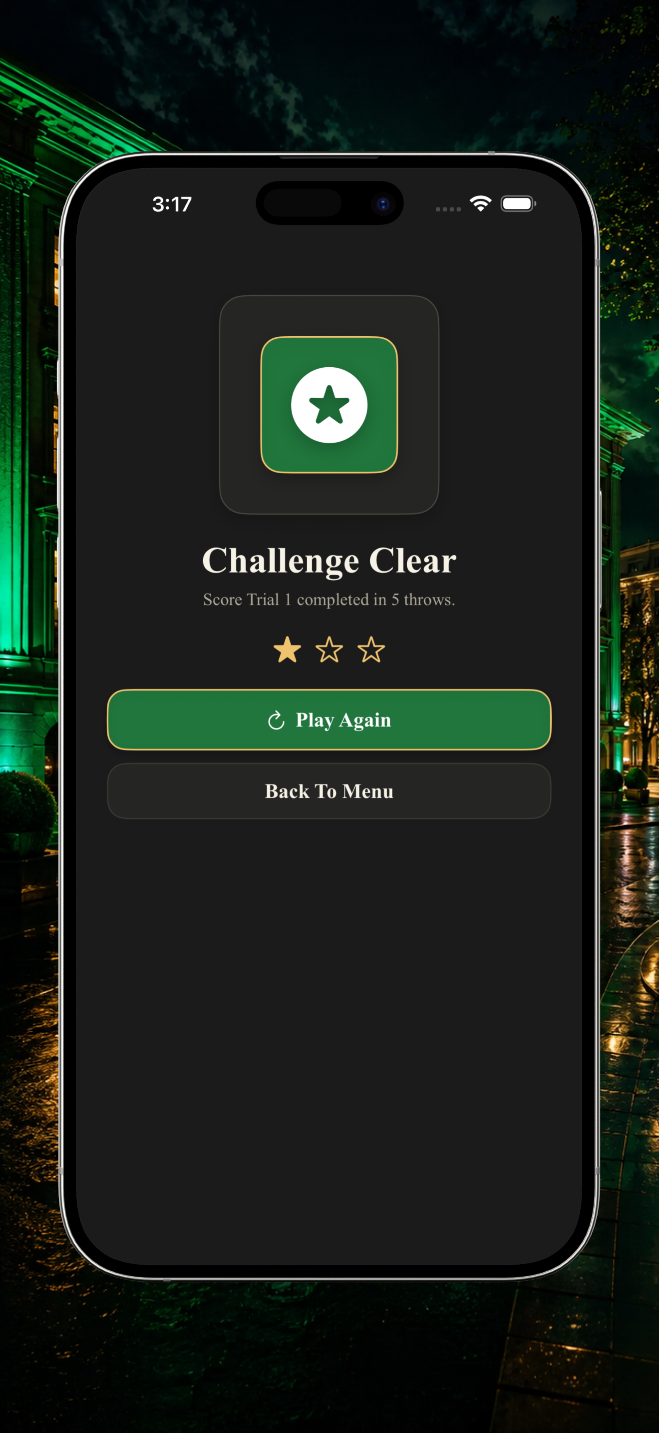 Challenge Clear screen with star rating and Play Again