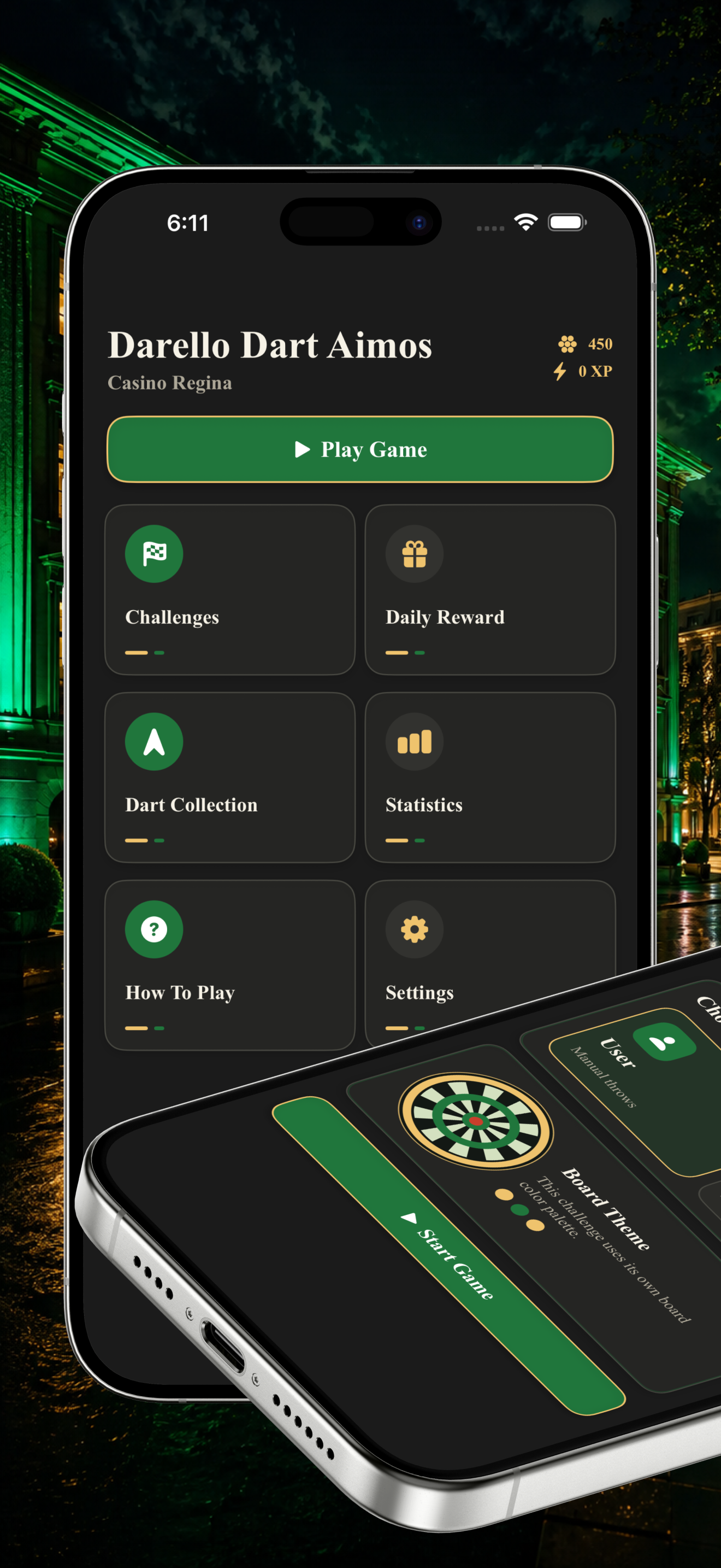 Dartello Aimos lobby with Play Game, Challenges, Dart Collection, and Statistics