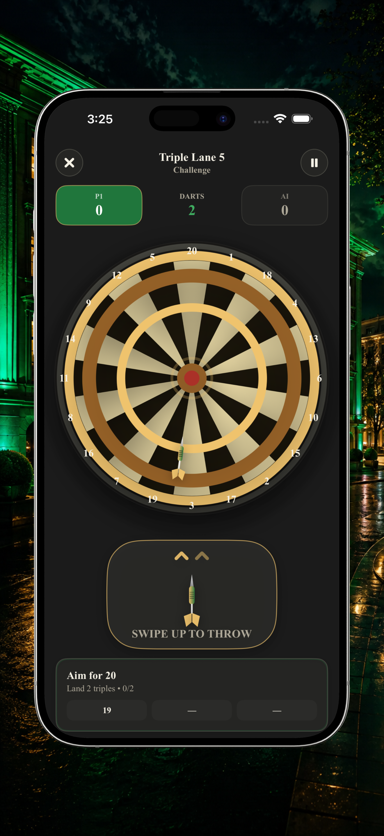Triple Lane challenge with dartboard and swipe-to-throw control